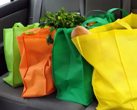 Four reusable shopping bags full of groceries in the car