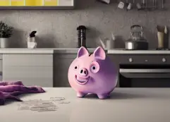Pink piggy bank in the foreground, on top of a kitchen counter
