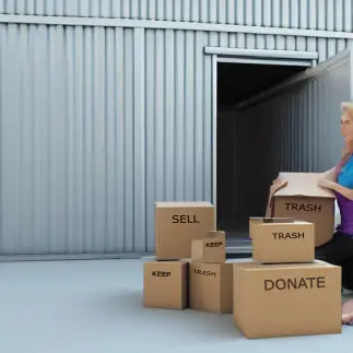 Woman kneeling close to storage unit, surrounded by boxes